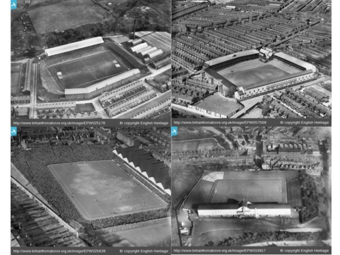 Figure 3.  Some of Leitch's classic football stadiums: clockwise from top left - Blackburn Rovers, Everton, Newcastle, Highbury (during the 1929 FA Cup semi-final against Portsmouth).